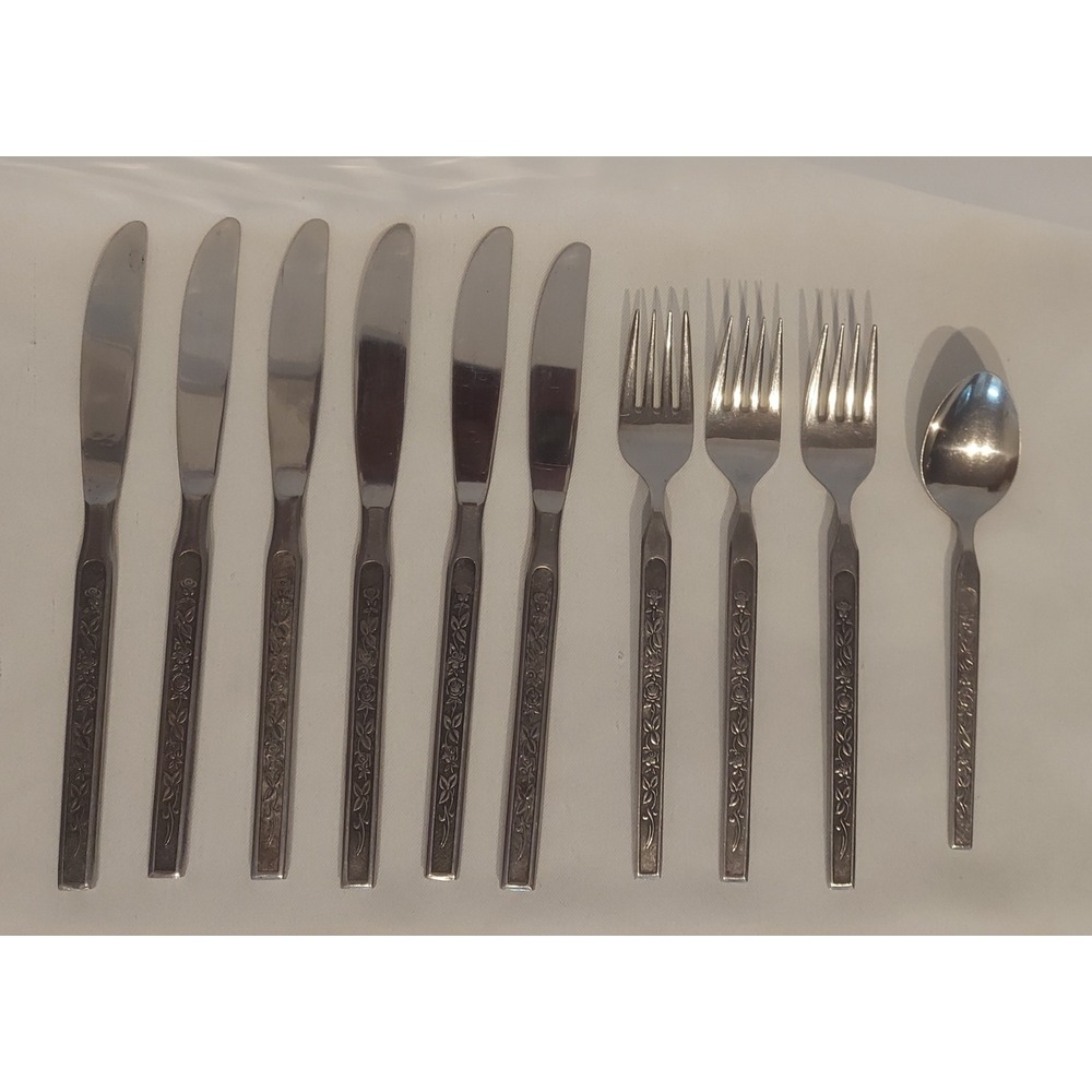 Maria Grande Vintage Stainless Steel Flatware Floral & Black Accent 10 Pieces
